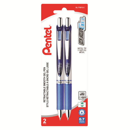 EnerGel Retractable Gel Roller, (0.7mm) Metal Tip, Blue Ink, 2PC Pack