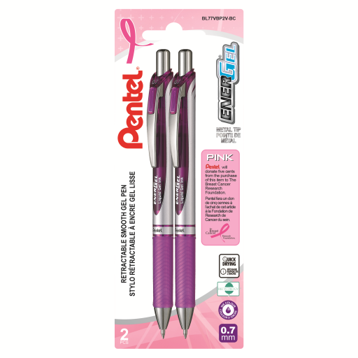 EnerGel Retractable Gel Roller, (0.7mm) Metal Tip, 2PC Pack, Pink Ribbon Barrel, Purple Ink