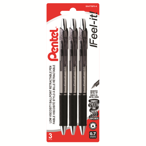 Feel-It! Retractable Ballpoint Pen, (0.7mm), Black Ink, 3PC Pack