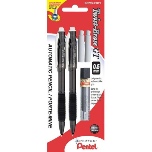 Twist-Erase GT (0.5mm) Retractable Mechanical Pencils, Assorted Colours, 2PC Pack with Leads & Refill Eraser