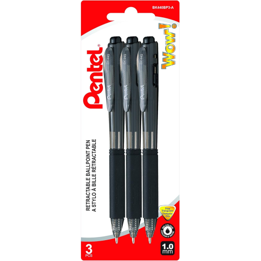 Wow! Retractable Ballpoint Pen, (1.0mm) Medium Tip, Black Ink, 3PC Pack