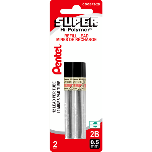 Hi-Polymer Super Lead Refill (0.5mm), 2B, 12 Leads per Tube, 2PC Pack