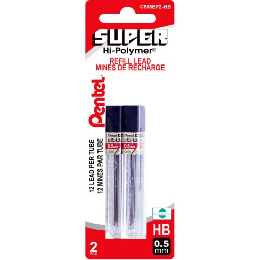 Hi-Polymer Super Lead Refill (0.5mm), HB, 12 Leads per Tube, 2PC Pack