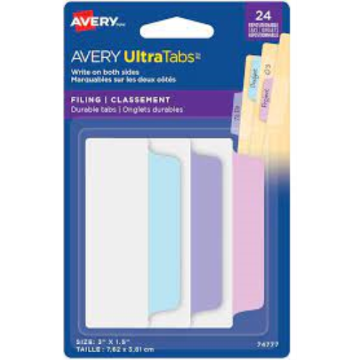 UltraTabs Filing Tabs, Pastel Colours, Lavender, Lt Blue, Pink, 24 pack