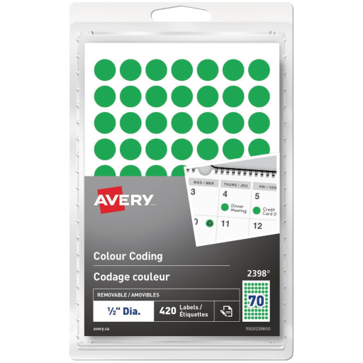 2398 Avery® Removable Colour Coding Labels Handwrite, ½" Green / Removable