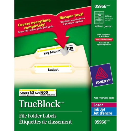 5966 FILING LABELS, TRUEBLOCK, 37/16" X 2/3", PERMANENT, YE