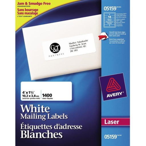 5159 Avery® White Rectangle Labels 1½" x 4", Permanent Adhesive, for Laser and Inkjet Printers, Matte White Paper / White / Permanent
