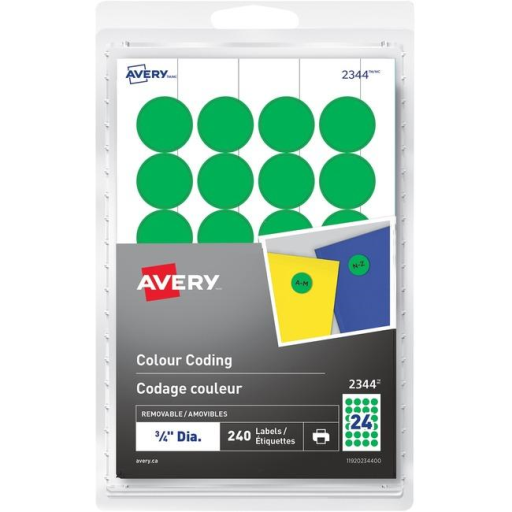 Avery Print or Write Colour Coding Labels ¾" Round, Removable, Green, 240/pkg