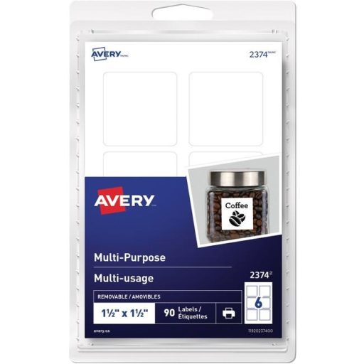 2374 Avery® Multi-Purpose Removable Labels for Laser and Inkjet Printers, 1½" x 1½" Removable Matte White Paper / White / Removable