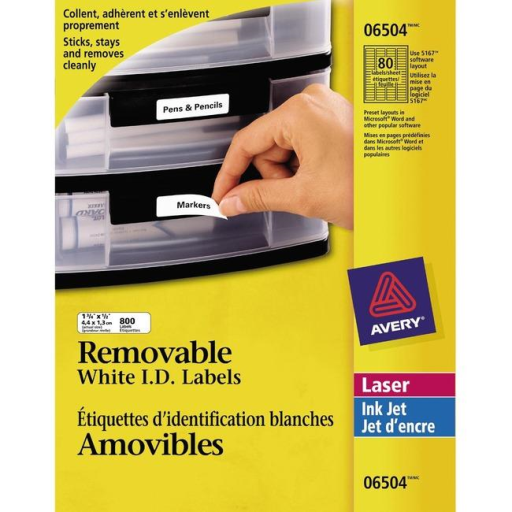 6504 I.D. LABELS, 1 3/4" X 1/2", REMOVABLE, 10 SHEETS/ENV.,