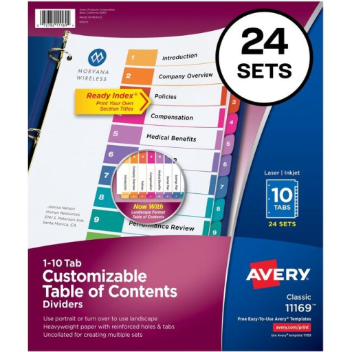 11169 READY INDEX TABLE OF CONTENTS DIVIDERS, 10 TAB, 25 SET