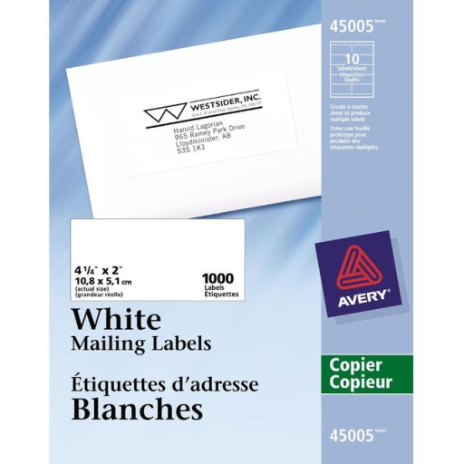 COPIER LABELS, 4 1/4" X 2", PERMANENT, WHITE, 100 SHEE