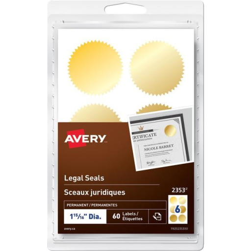Avery Notarial / Legal Seals 1-15/16" Diameter, Permanent, Gold Foil, 60/pkg