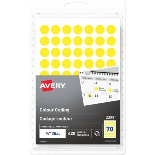 2399 Avery® Removable Colour Coding Labels Handwrite, ½" Yellow / Removable