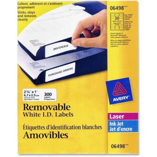 6498 I.D. LABELS, 2 5/8" X 1", REMOVABLE, 10 SHEETS/ENV., 30