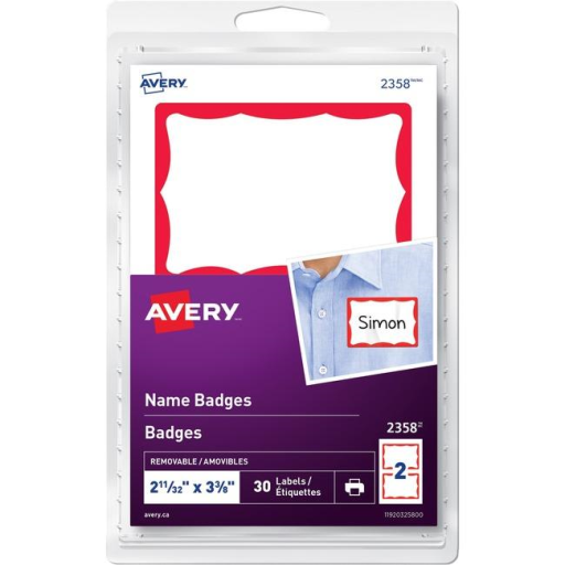 Avery Print or Write Name Badges 2-11/32" x 3?", White Paper w Red Border, 30/pkg