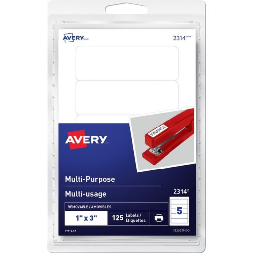 Avery® Multi-Purpose Removable Labels for Laser and Inkjet Printers, 1" x 3" Removable Matte White Paper / White / Removable