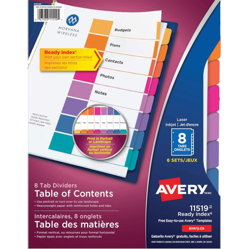 READY INDEX TABLE OF CONTENTS DIVIDERS, 8 TAB, 6 SETS,