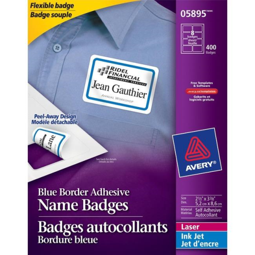 NAME BADGE LABELS, 3 3/8" X 2 1/3" BLUE BORDER, 50 SHEE