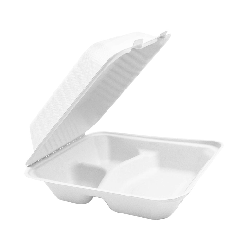 Compostable Hinged Containers - 8" x 8" x 3" / White / 3 Compartment - (Pack of 50)