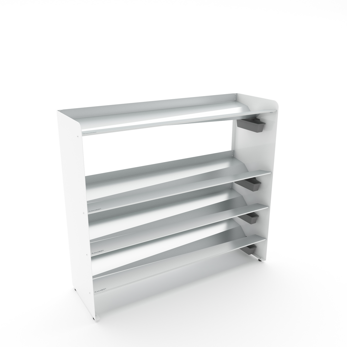 RAKABOT high-capacity footwear storage 4 Tier / Shelf 46.25" silver color / Pure white powder coated side panels/ Height 42" / Levelers / Store 20 pairs RAKABOT