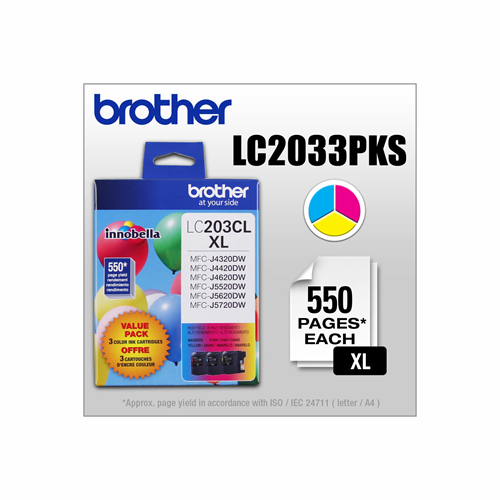 Brother LC2033PKS 3-Pack of Innobella Colour Ink Cartridges (1 each of Cyan, Magenta, Yellow), High Yield (XL Series) Brother