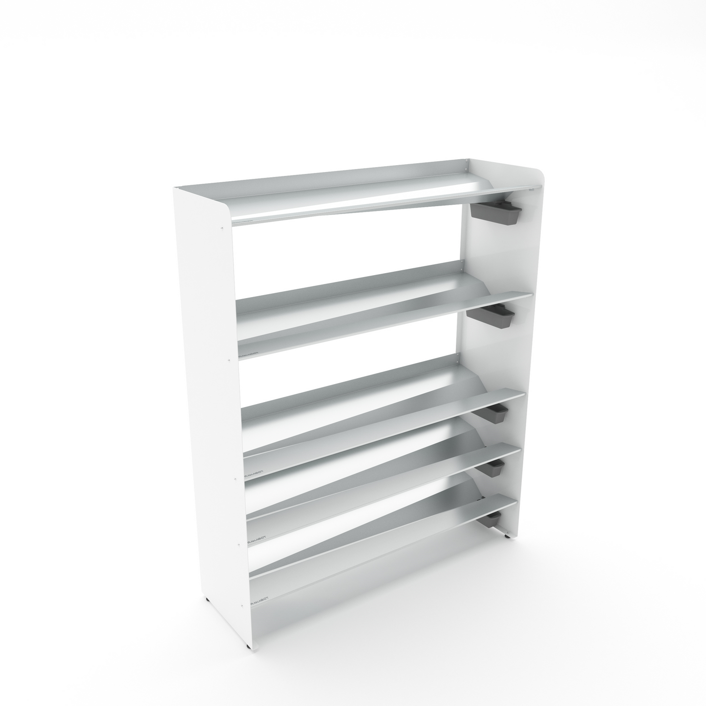 RAKABOT high-capacity footwear storage 5 Tier / Shelf 46.25" silver color / Pure white powder coated side panels/ Height 57" / Levelers / Store 25 pairs RAKABOT
