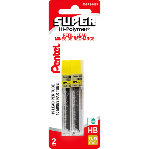 Super Hi-Polymer Lead Refill (0.9mm), HB, 15 Leads per Tube, 2PC Pack
