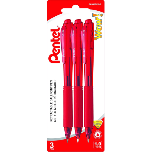 Wow! Retractable Ballpoint Pen, (1.0mm) Medium Tip, Red Ink, 3PC Pack