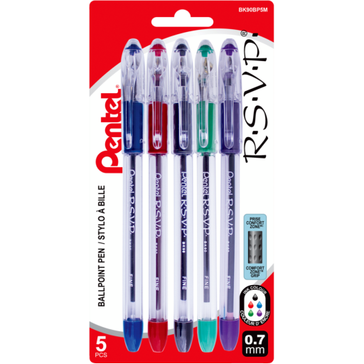 R.S.V.P. Ballpoint Pen, (0.7mm), Assorted Ink (A/B/C/D/V), 5PC Pack