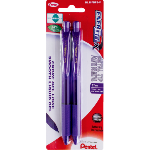 EnerGel-X Retractable Gel Roller, (0.7mm) Metal Tip, Violet Ink, 2PC Pack