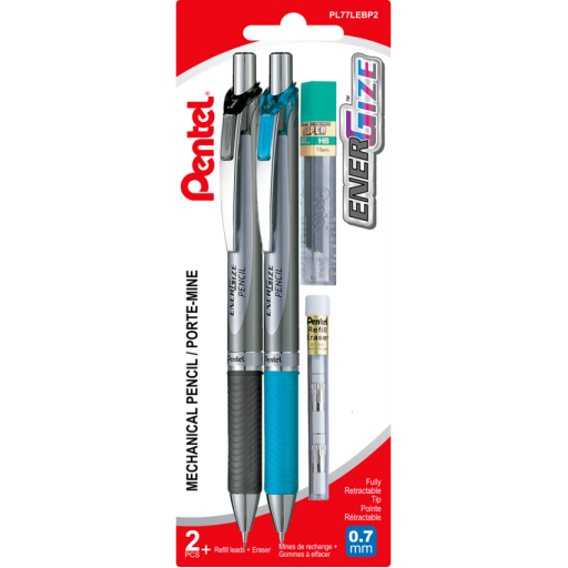 EnerGize Retractable Mechanical Pencil (0.7mm) 2PC Pack with 0.7mm Refill Lead and Refill Eraser