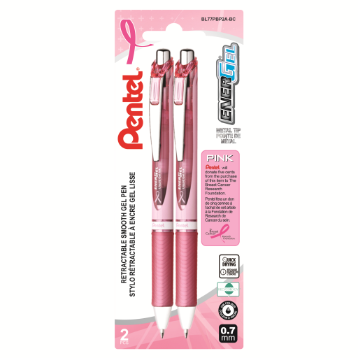 EnerGel Retractable Gel Roller, (0.7mm) Metal Tip, 2PC Pack, Pink Ribbon Barrel, Black Ink