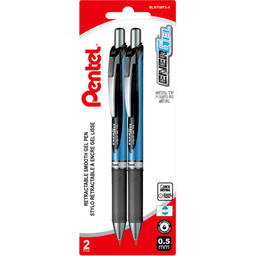 EnerGel Retractable Liquid Gel Pen, (0.5mm) Needle Tip, Black Ink, 2PC Pack