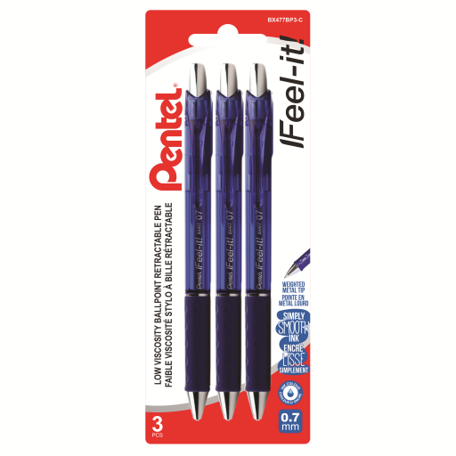 Feel-It! Retractable Ballpoint Pen, (0.7mm), Blue Ink, 3PC Pack