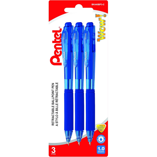 Wow! Retractable Ballpoint Pen, (1.0mm) Medium Tip, Blue Ink, 3PC Pack