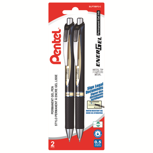 EnerGel Permanent Retractable Liquid Gel Pen, (0.5mm) Blue Ink, 2PC Pack