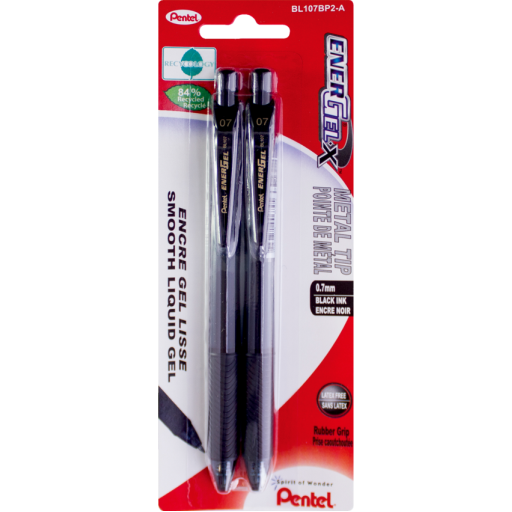 EnerGel-X Retractable Gel Roller, (0.7mm) Metal Tip, Black Ink, 2PC Pack