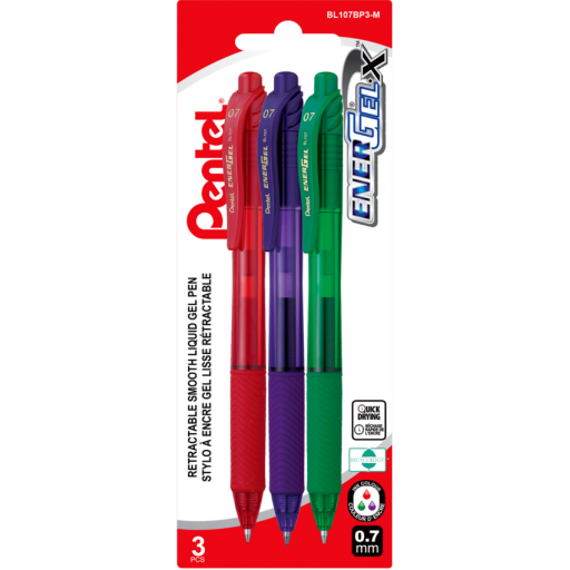 EnerGel-X Retractable Gel Roller, (0.7mm) Metal Tip, Blister, 3PC Pack Assorted