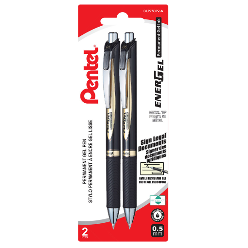 EnerGel Permanent Retractable Liquid Gel Pen, (0.5mm) Needle Tip, Black Ink, 2PC Pack
