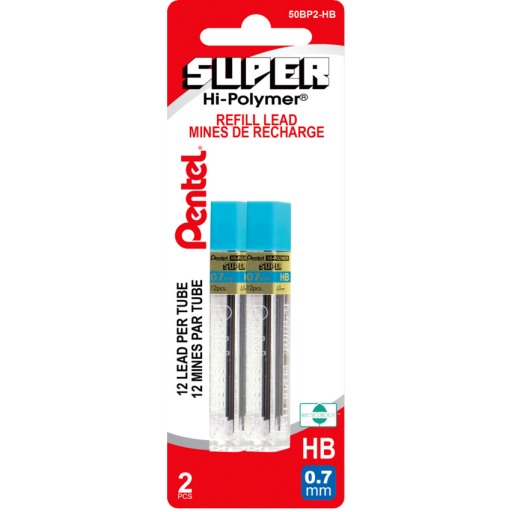 Super Hi-Polymer Lead Refill (0.7mm), HB, 12 Leads per Tube, 2PC Pack