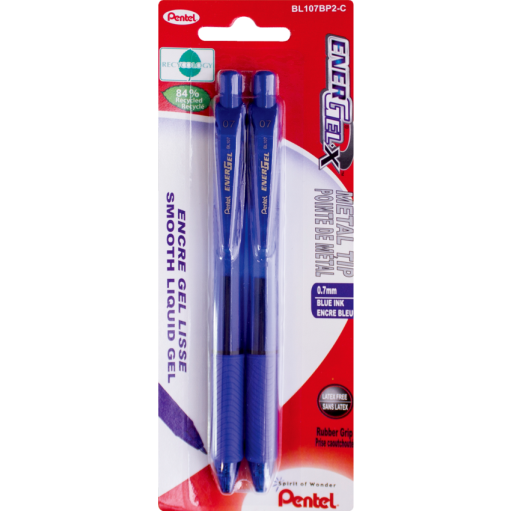 EnerGel-X Retractable Gel Roller, (0.7mm) Metal Tip, Blue Ink, 2PC Pack