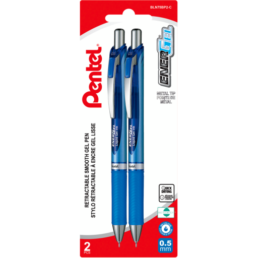 EnerGel Retractable Liquid Gel Pen, (0.5mm) Needle Tip, Blue Ink, 2PC Pack