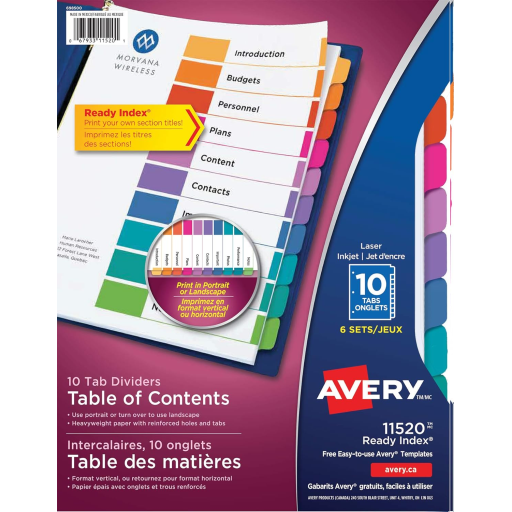 READY INDEX TABLE OF CONTENTS DIVIDERS, 10 TAB, 6 SETS