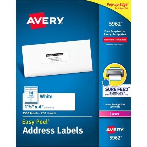 Avery Laser/Inkjet Rectangle Labels w Easy Peel®, 1?" x 4", Permanent, 250 sheets/box, 3500 labels/box