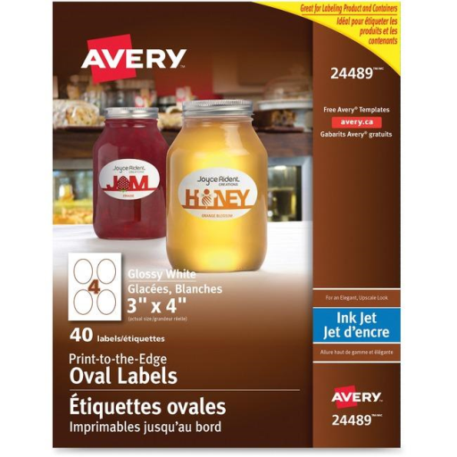 GLOSSY WHITE OVAL LABELS, 3" X 4", 10 SHTS/ENV., 60 LA