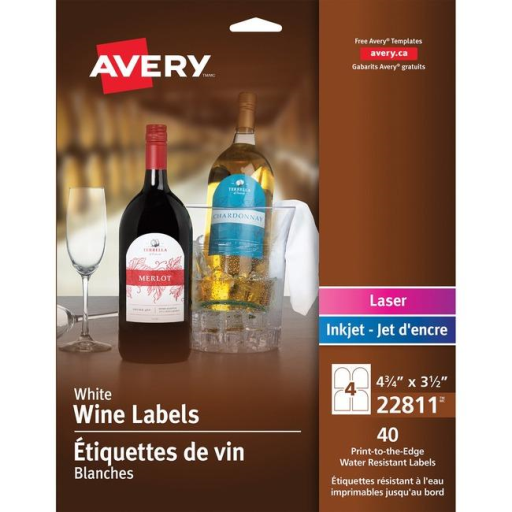 Avery Laser/Inkjet White Arched Wine Bottle Labels, 4¾" x 3½", Permanent, 10 sheets/env, 40 labels/env