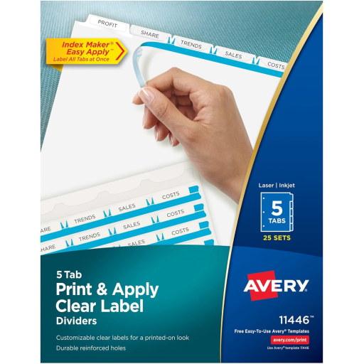 11446 INDEX MAKER CLEAR LABEL DIVIDERS, 5 TAB, 25 SETS, WHIT