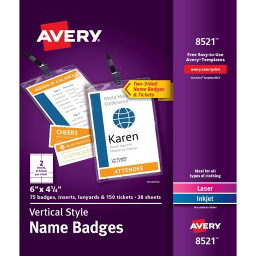 Avery Laser/Inkjet Vertical Style 6" x 4¼" Name Badge Kit (Inserts, Holders, Lanyard, x2 Tickets), 75/box