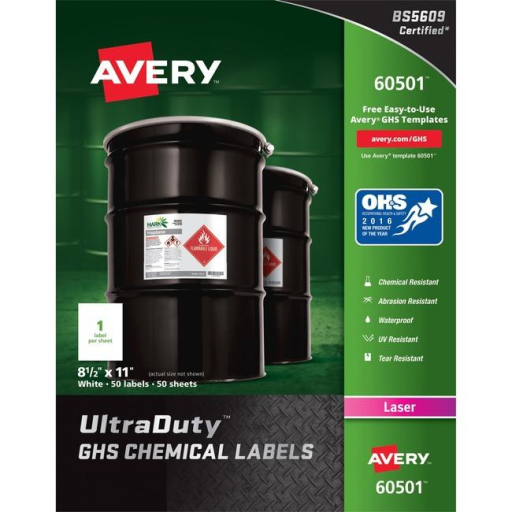 Avery Laser Ultraduty Industrial Labels 8½" x 11", Permanent, White, 50 sheets/box, 50 labels/box
